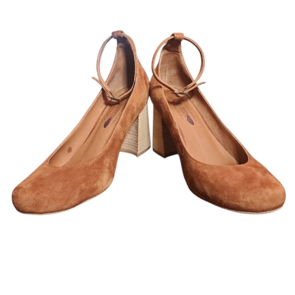 Jeffrey Campbell x Free People Delta Rust Suede Block Wood Heel Ankle Strap Boho - Picture 7 of 13